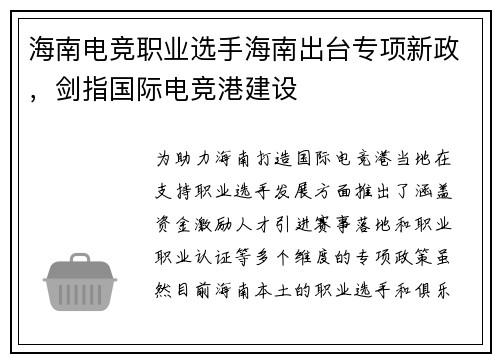 海南电竞职业选手海南出台专项新政，剑指国际电竞港建设