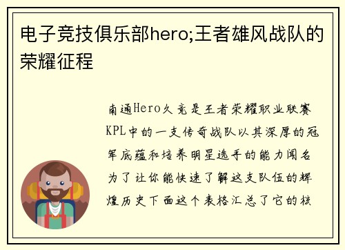电子竞技俱乐部hero;王者雄风战队的荣耀征程